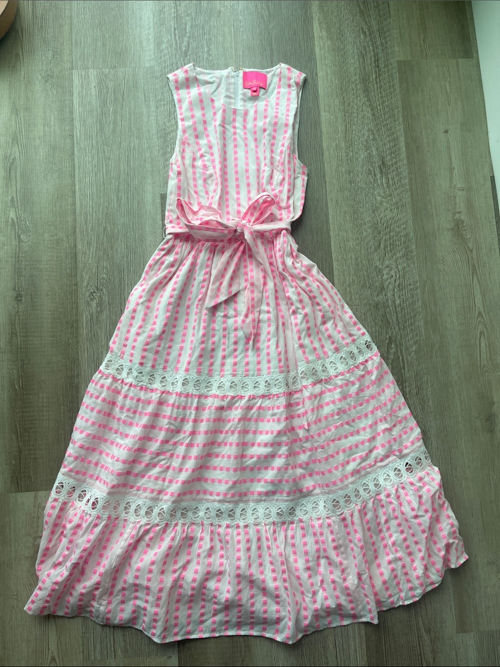Lilly Pulitzer Pink and White Striped Sleeveless Maxi Dress with Tie Waist